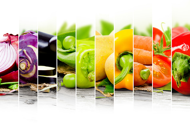 Photo montage showing  ten vertical images of different vegetables 